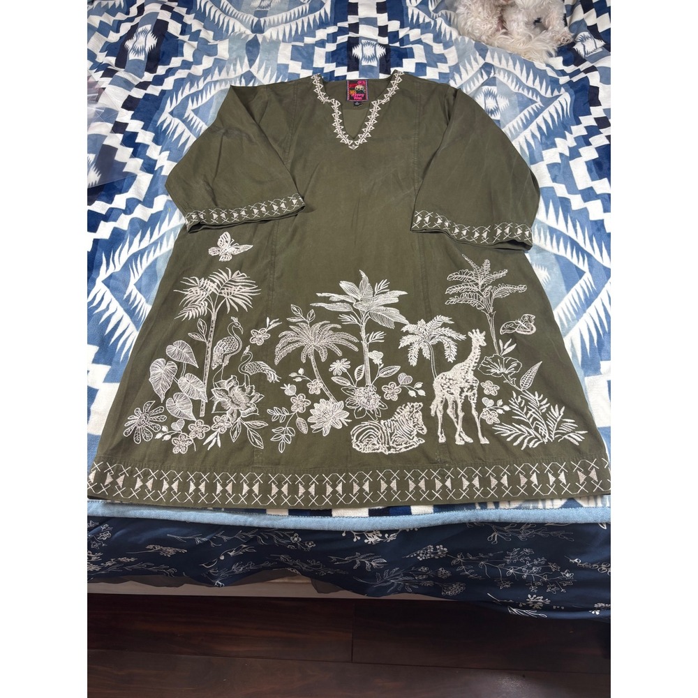 Johnny Was Olive Green Embroidered Safari Giraffe Zebra Tunic Dress XL